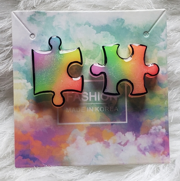 Handmade Rainbow Puzzle Pieces Stud Earrings - Reacts to UV Light - Picture 7 of 8